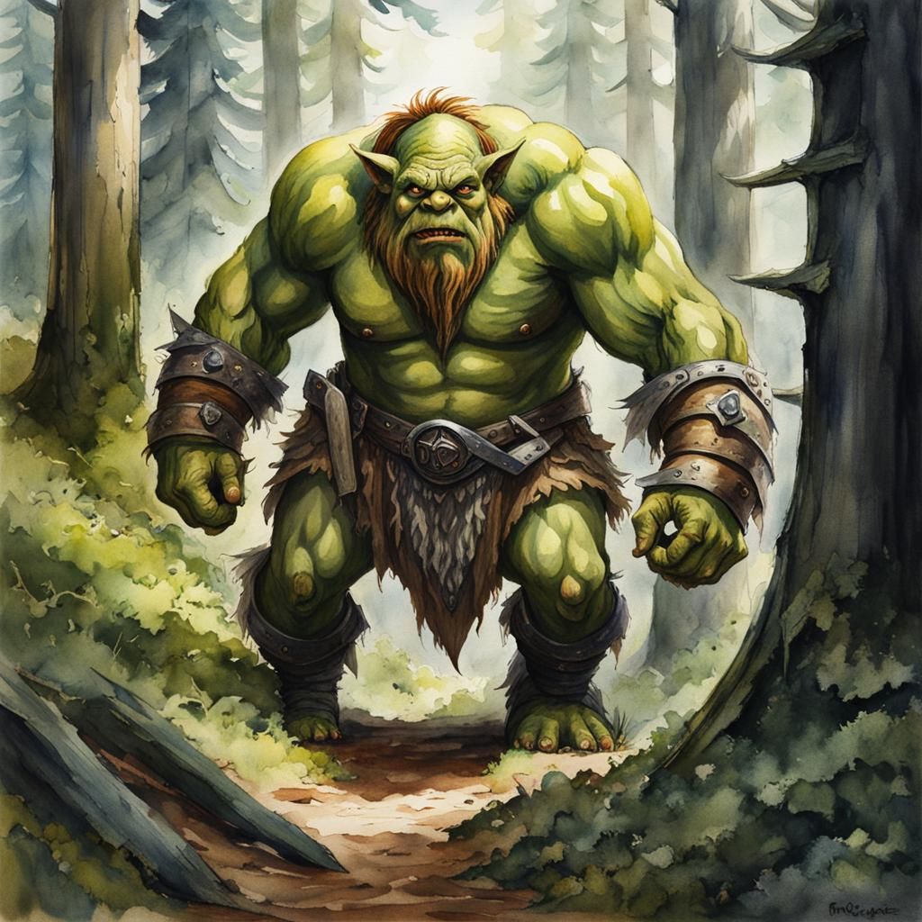 Ogre Stalking Adventurers in Watercolor Forest