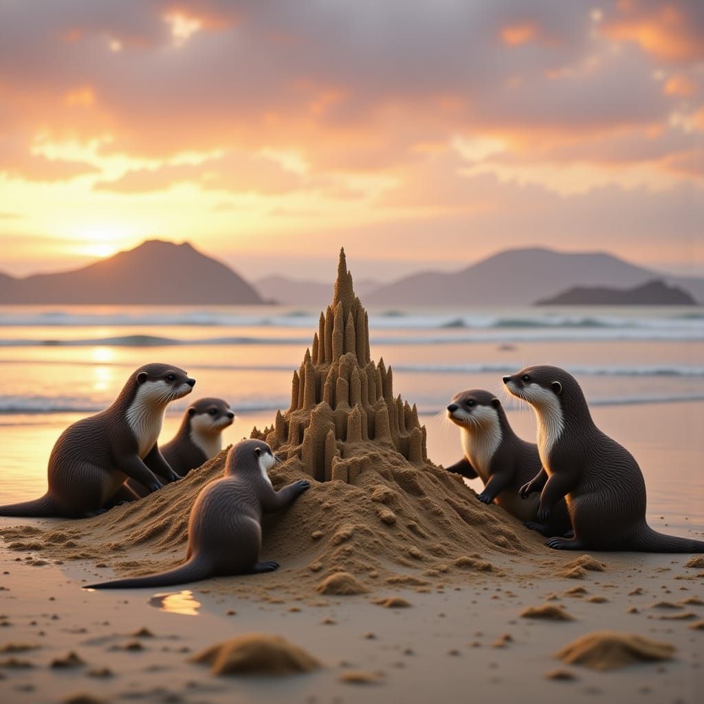 Otter Family Building Sandcastle on Beach at Dawn