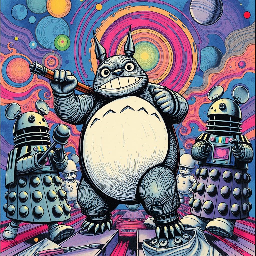 Surreal Doctor Who Totoro Battles Daleks in Psychedelic Fant...