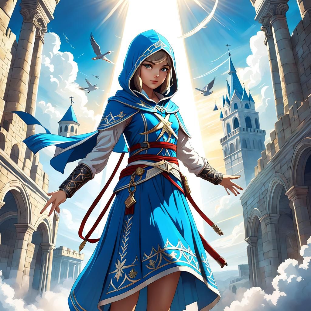 Goddess in Hooded Dress on Cloud, Anime Style