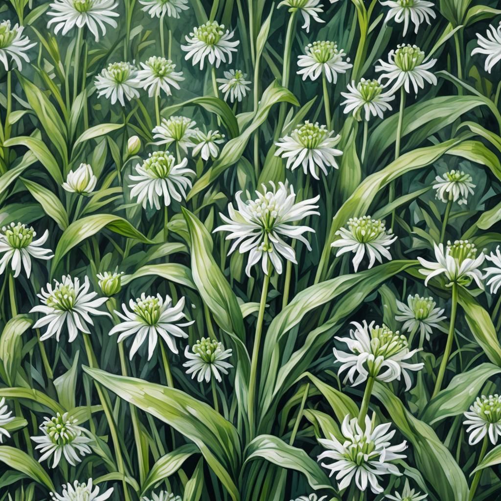 Wild Garlic Flower in Gouache Style, Macro Close-Up