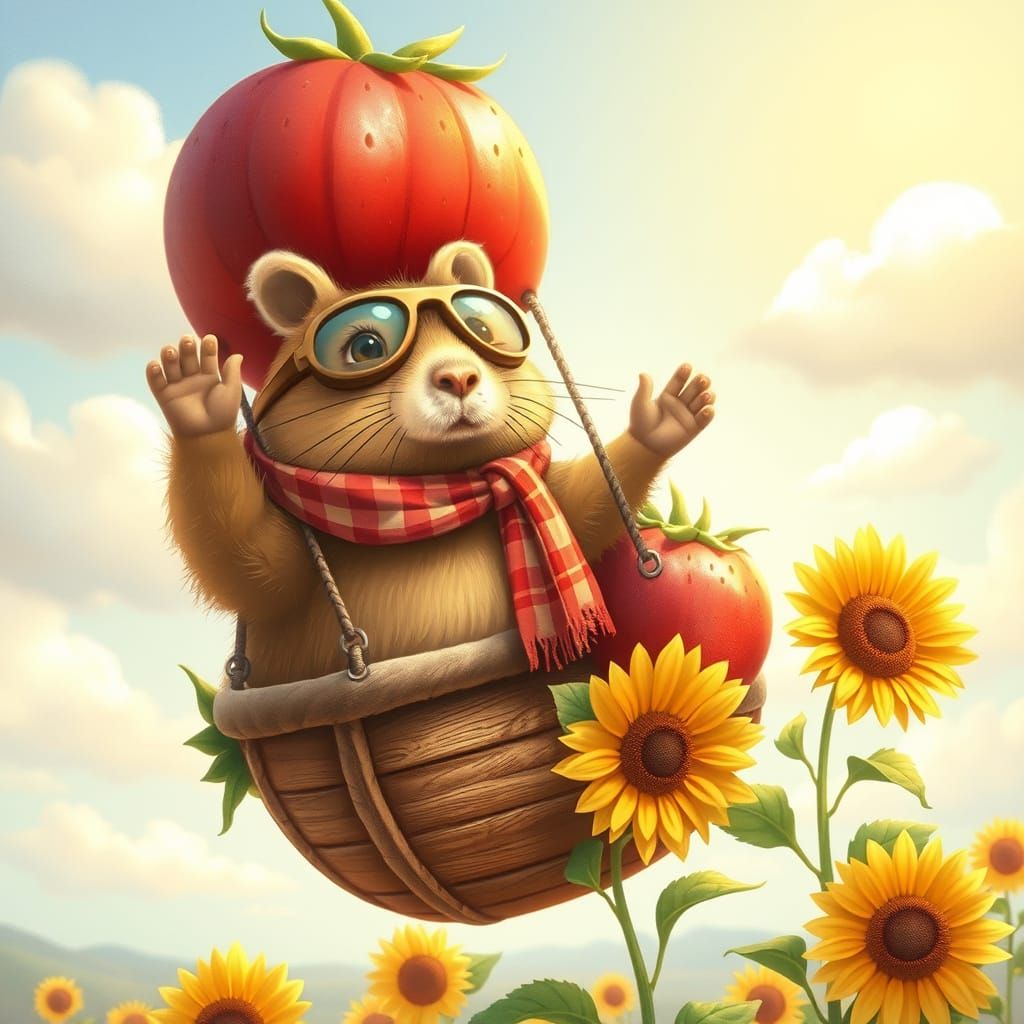 Whimsical Strawberry Hot Air Balloon Soars Over Sunflowers