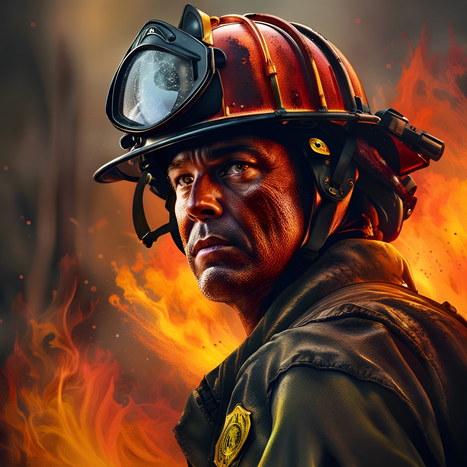 Hyperrealistic Fireman Fighting Wildfire in Splash Art Style
