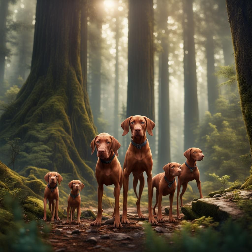 Vizsla Family Hiking: Detailed Matte Painting