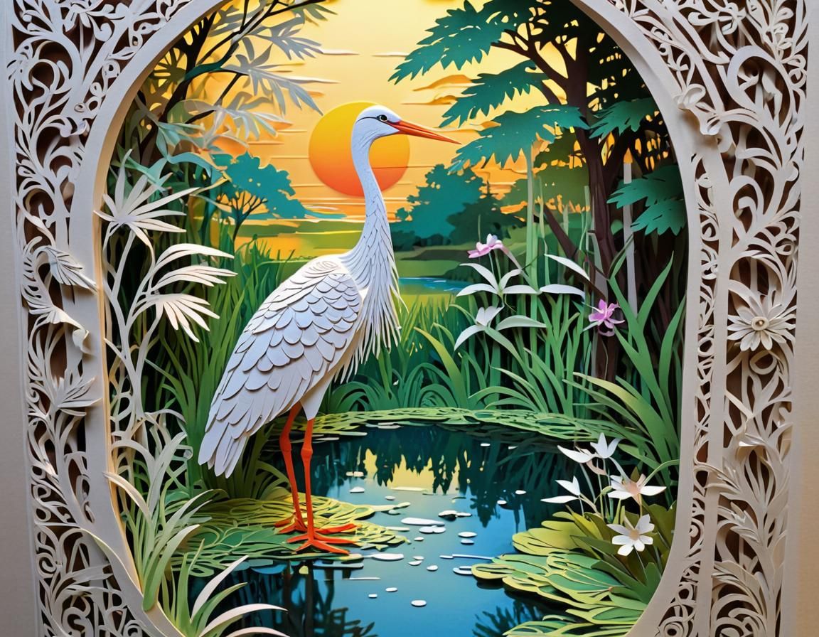 Kirigami stork by a pond