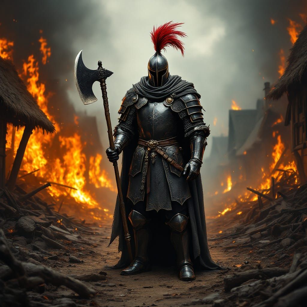 Armored Knight Amidst Burning Buildings in Dark Fantasy Styl...