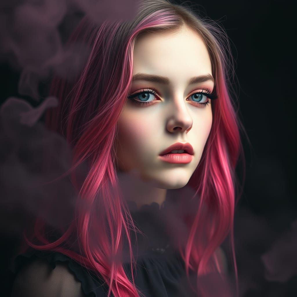 Goth Teen Girl in Smoky Darkness with Pink and Black Hues