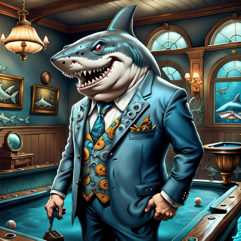 Cartoon Shark Mobster in Underwater Pool Hall