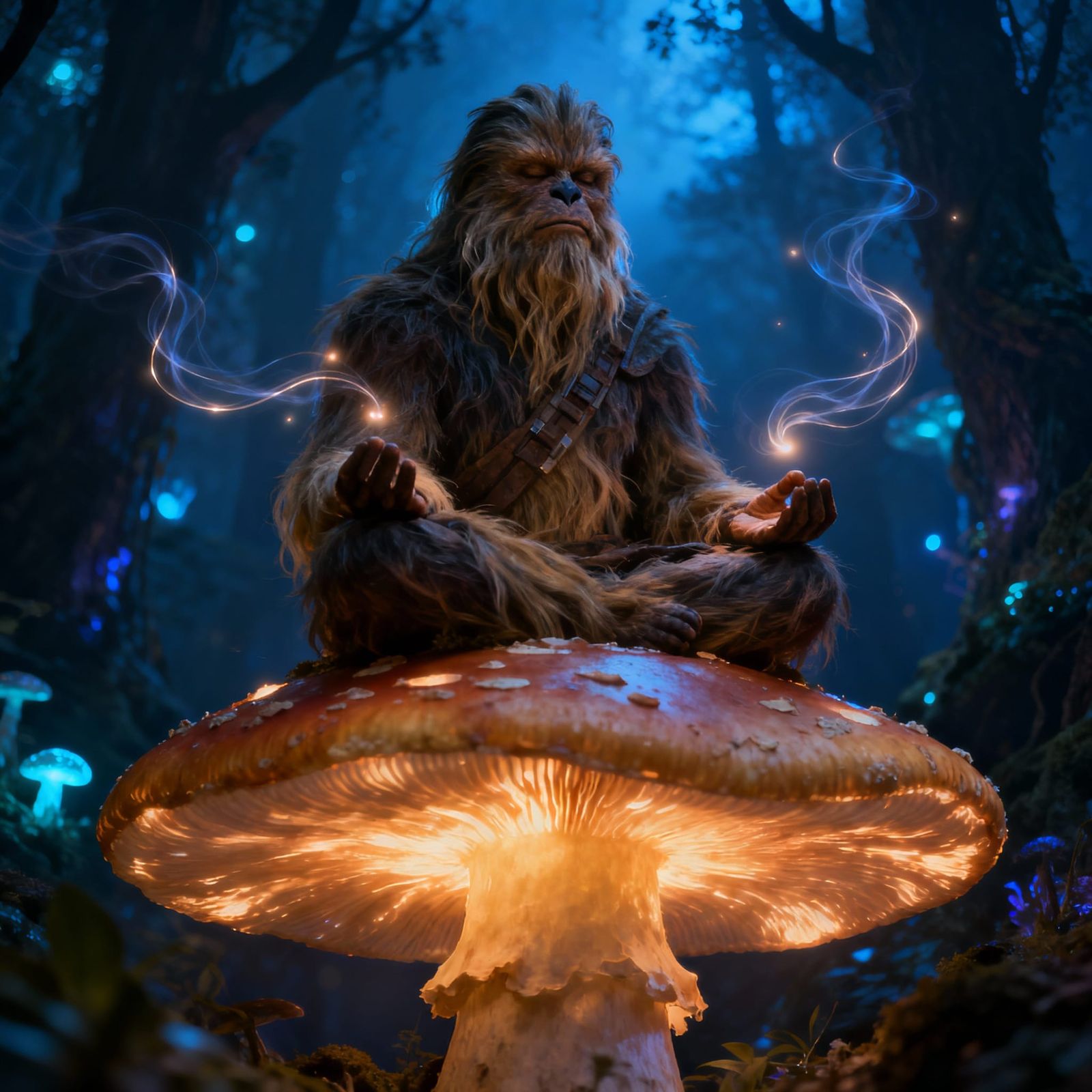 Ancient Wookiee Meditating on Glowing Mushroom in Mystical F...