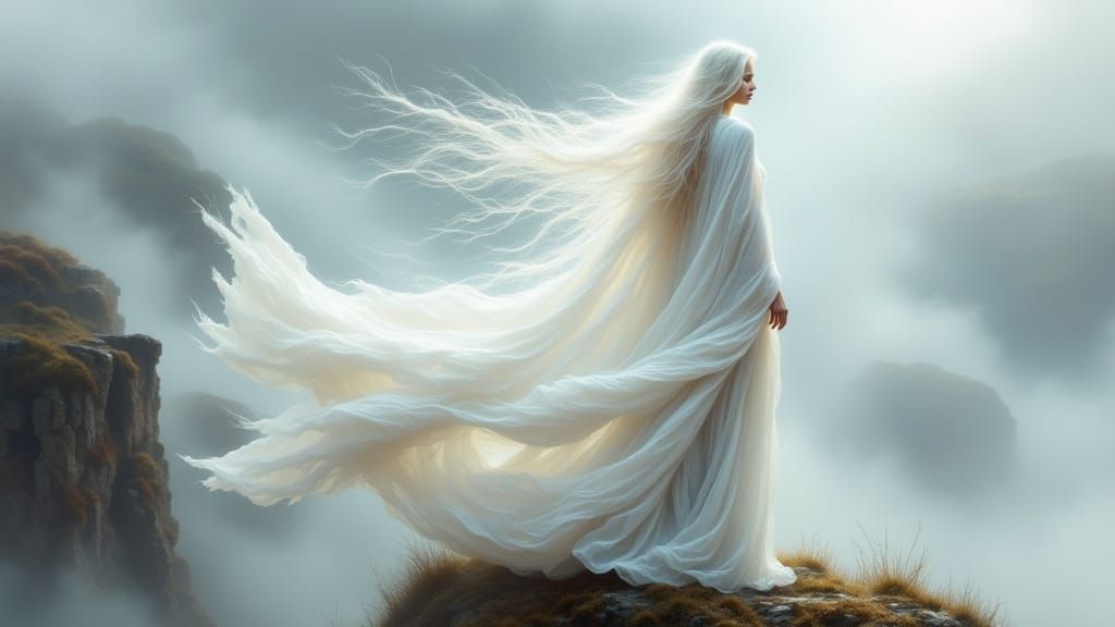 Ethereal Woman on Misty Cliff in Swirling Wind