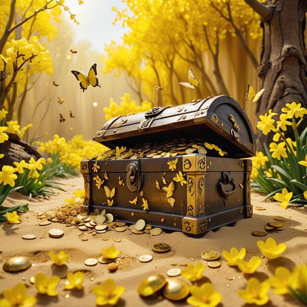 Antique Chest Overflowing with Gold Coins and Butterflies
