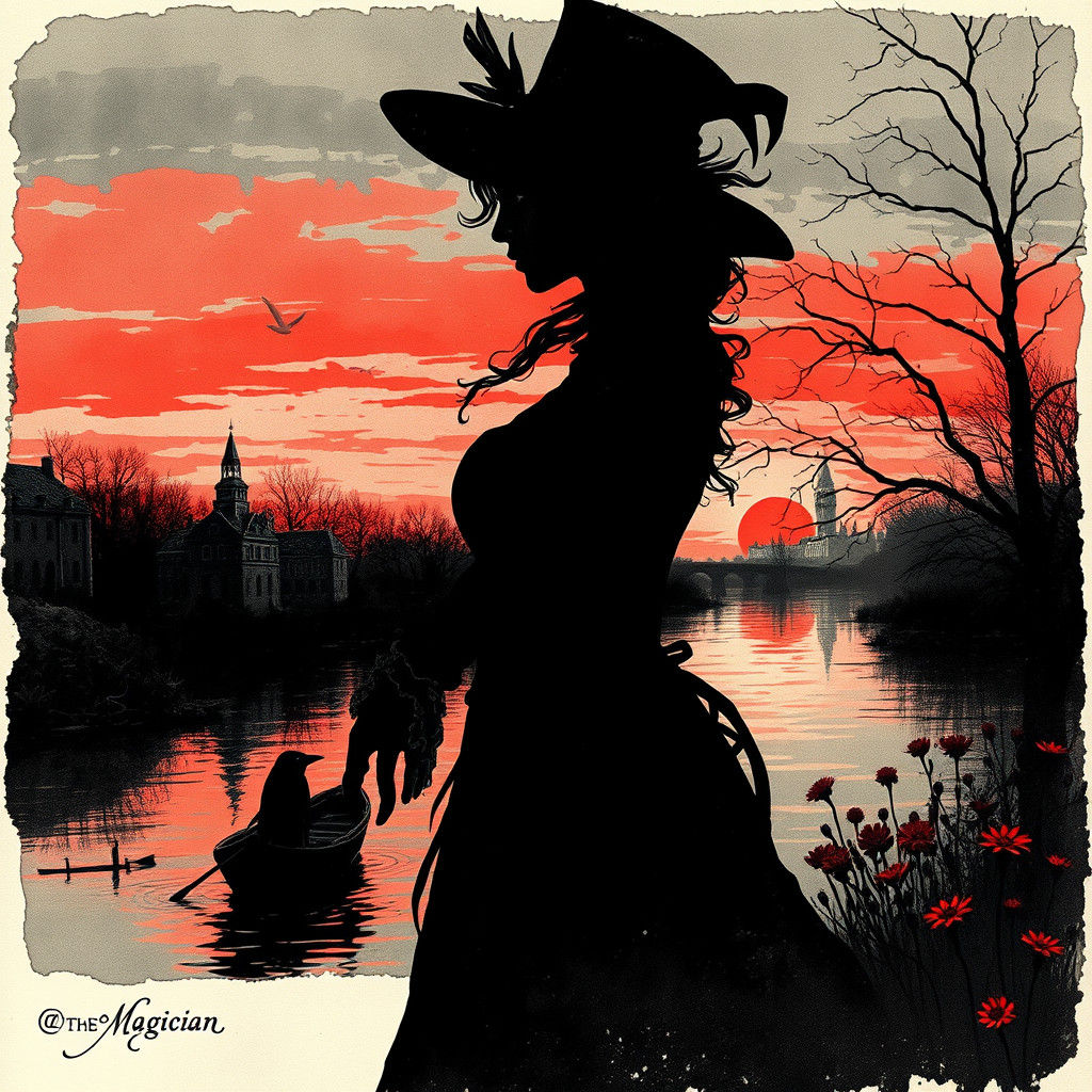 Steampunk Ink Painting: Woman by River at Sunset