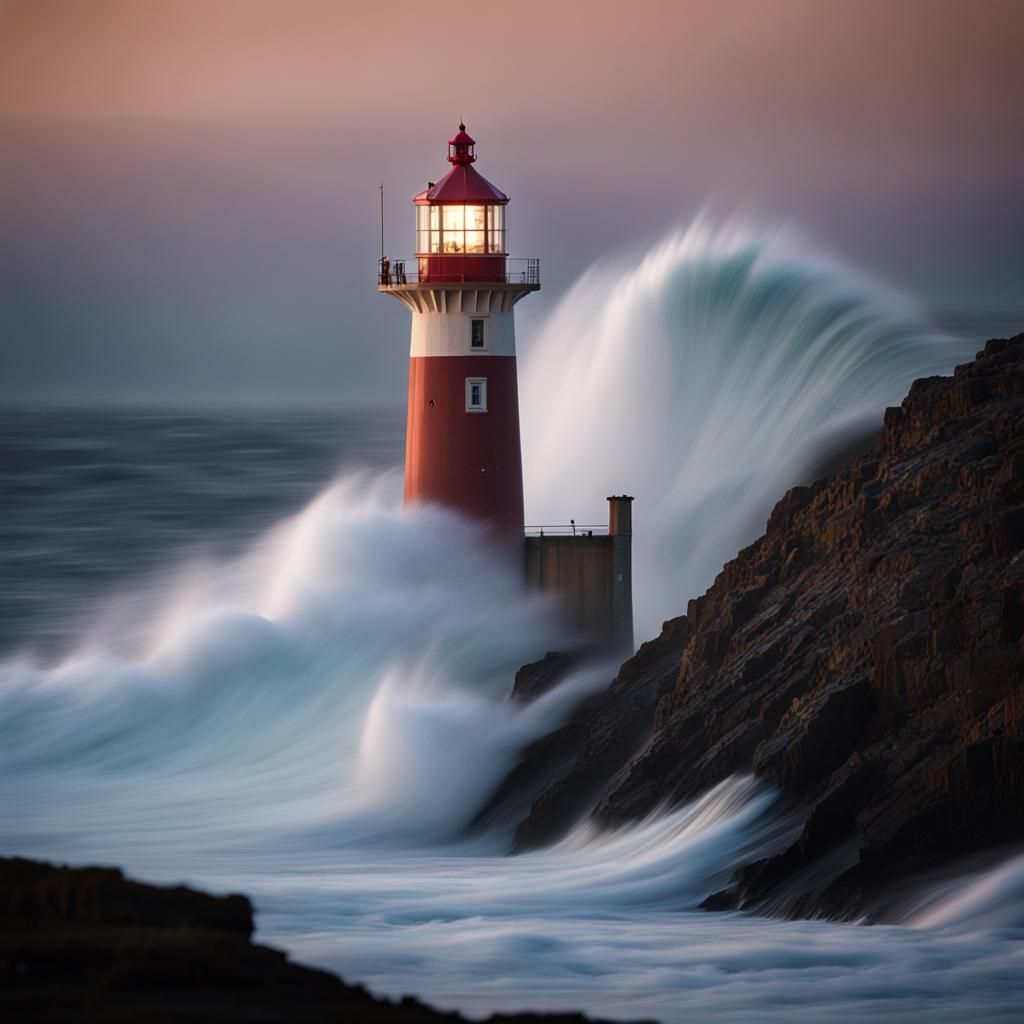 Lighthouse in France at Dusk With Crashing Waves