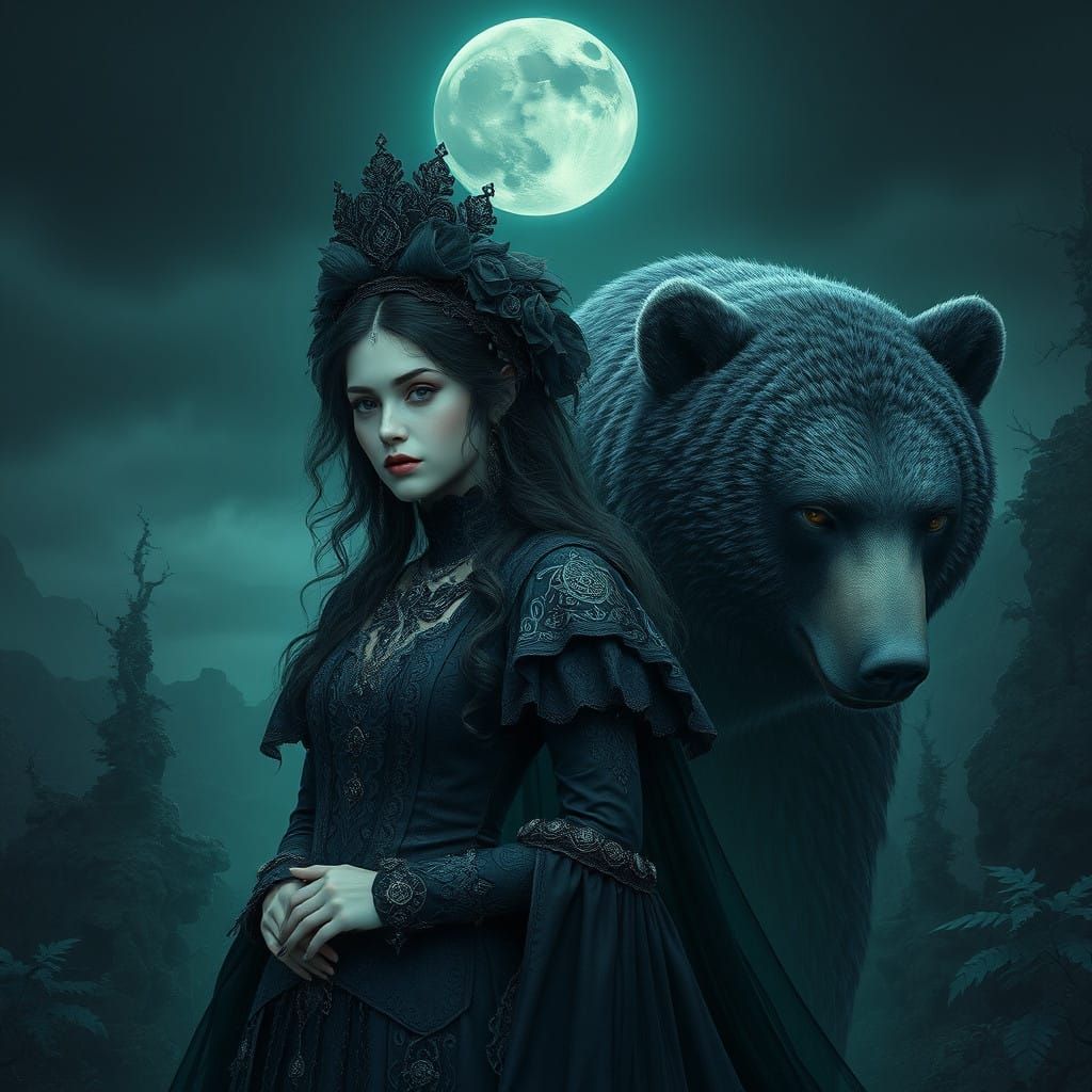 Gothic Woman Amidst Mystical Landscape with Majestic Bear
