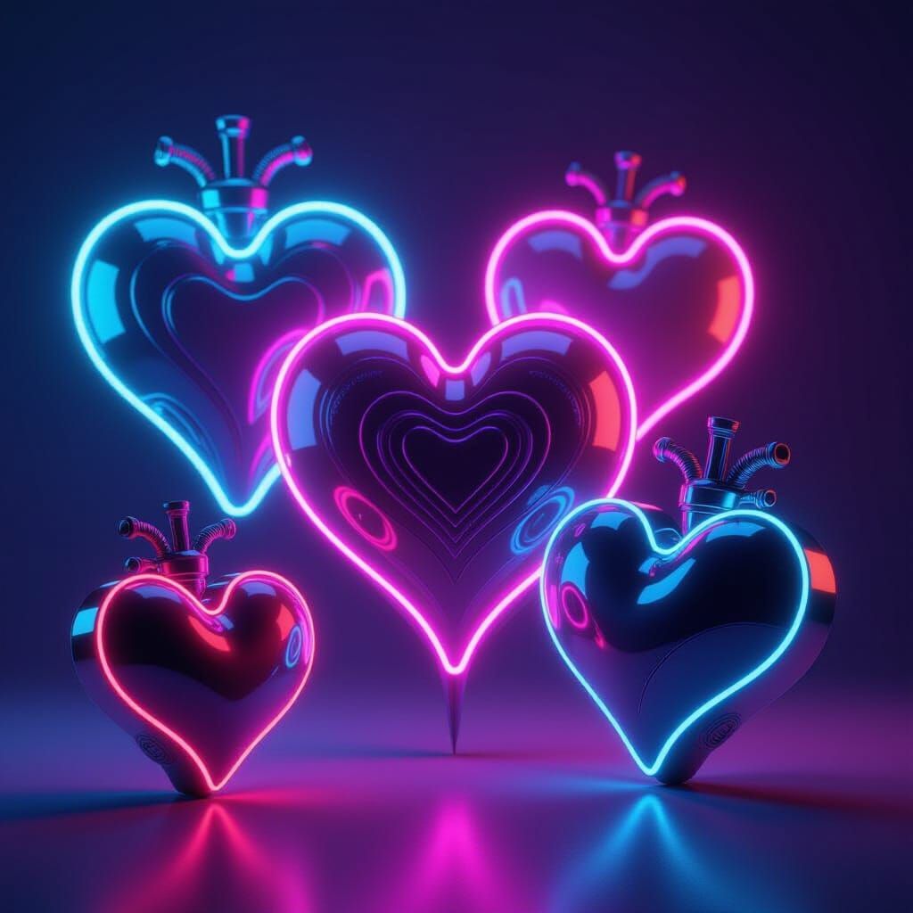 Neon Hearts Sculpture in Futuristic Digital Art Style