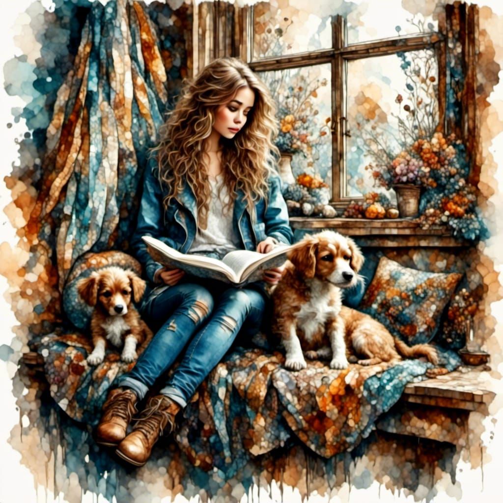 Cozy Watercolor Portrait of Young Reader with Puppy