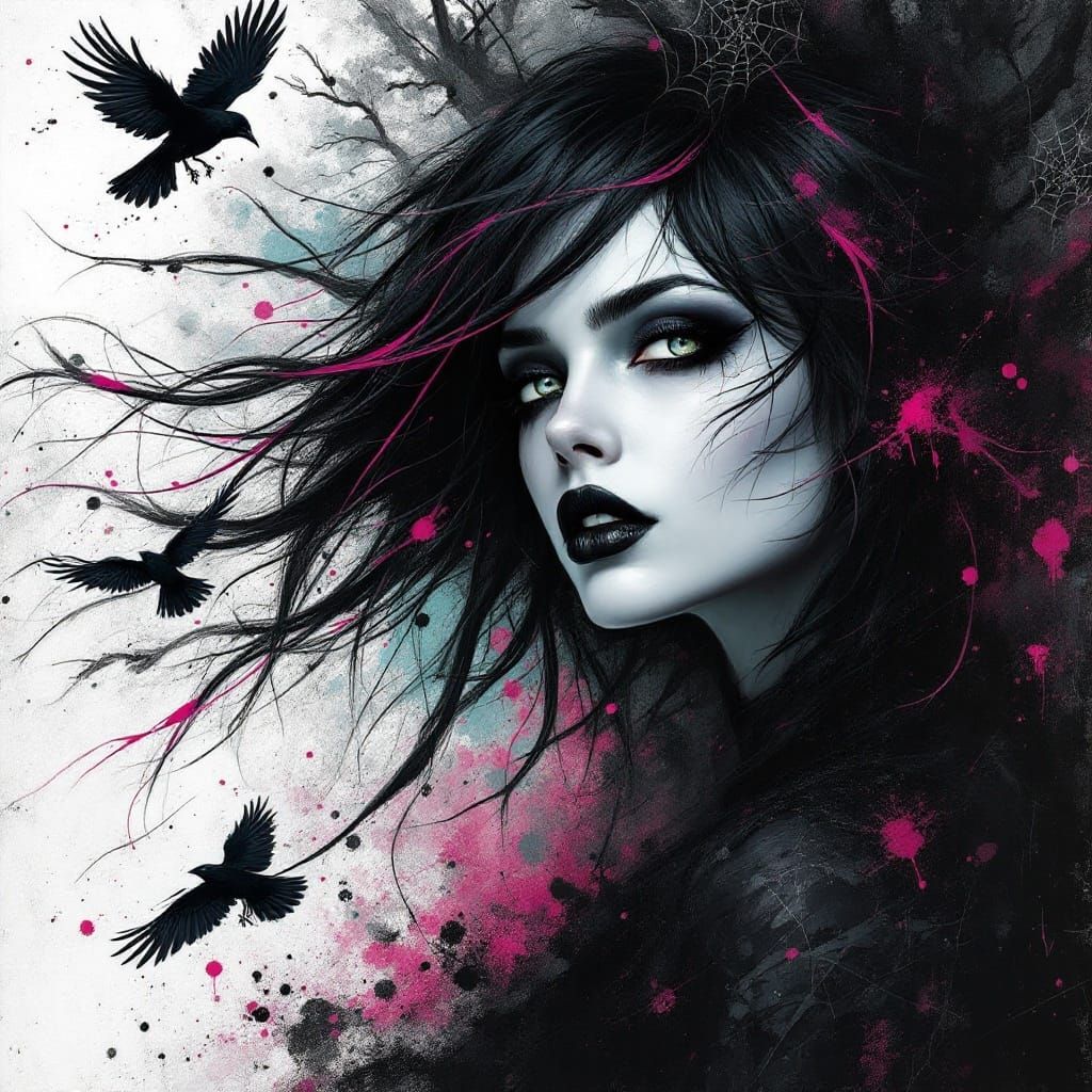 Gothic Portrait of a Woman with Black Hair and Crows