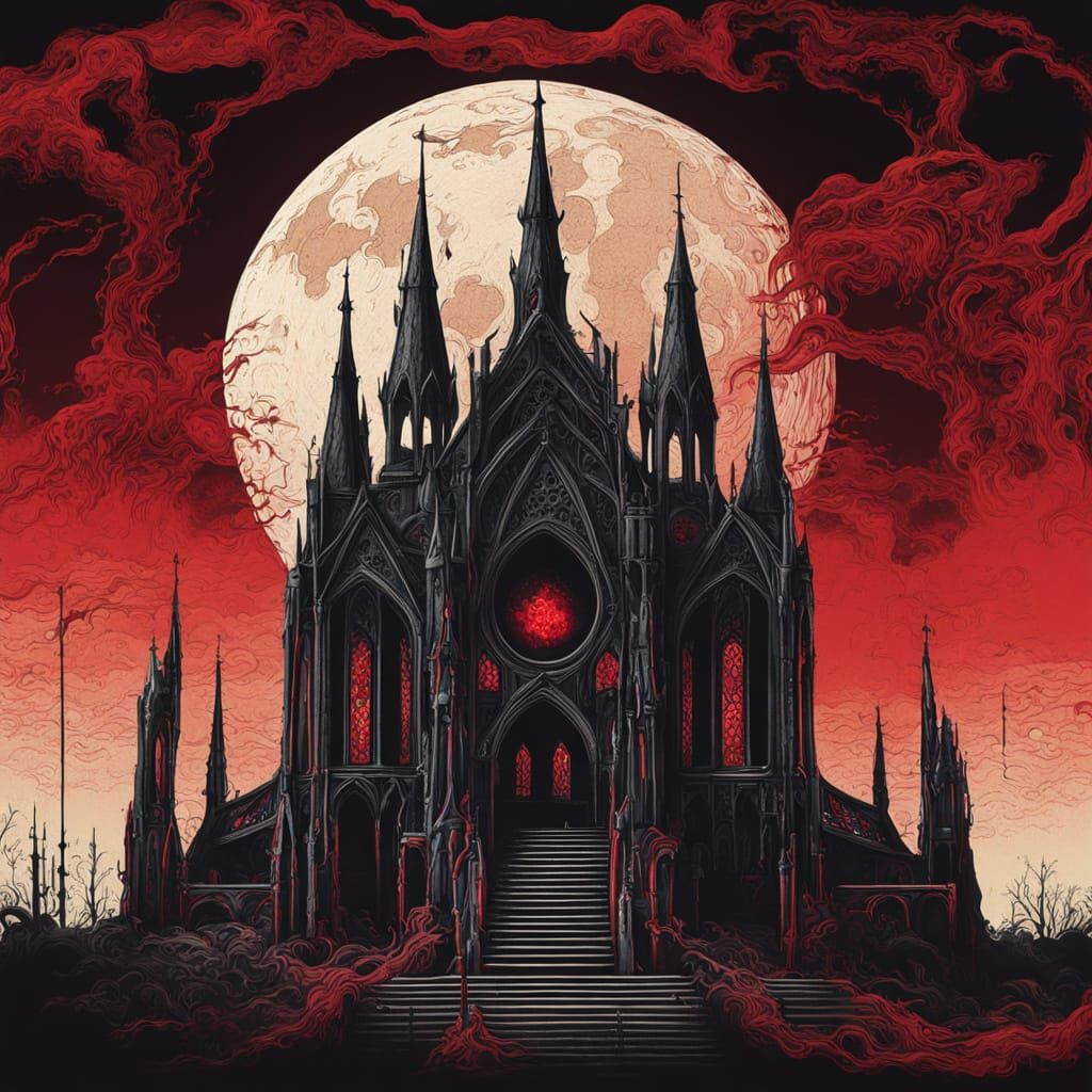 Gothic Cathedral with Blood Moon, in Neon Retro Style