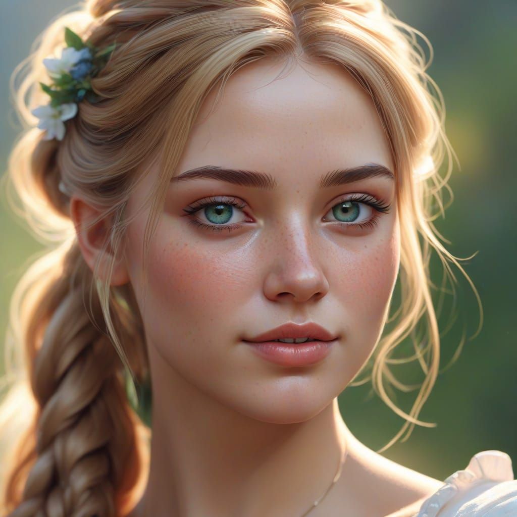 Pretty Woman with Freckles and Flowing Blonde Hair in Sunris...