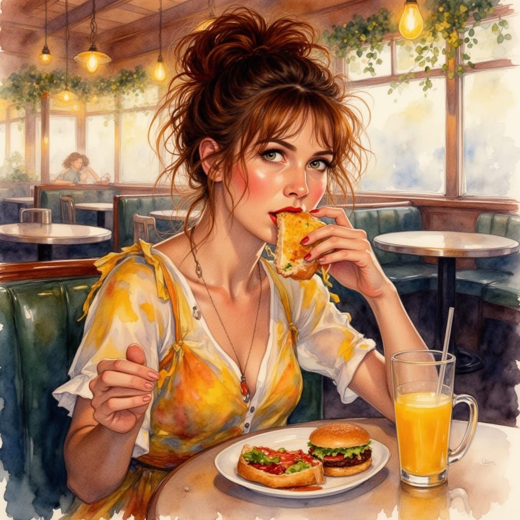 Boho Woman Enjoys Diner Meal in Watercolor Style