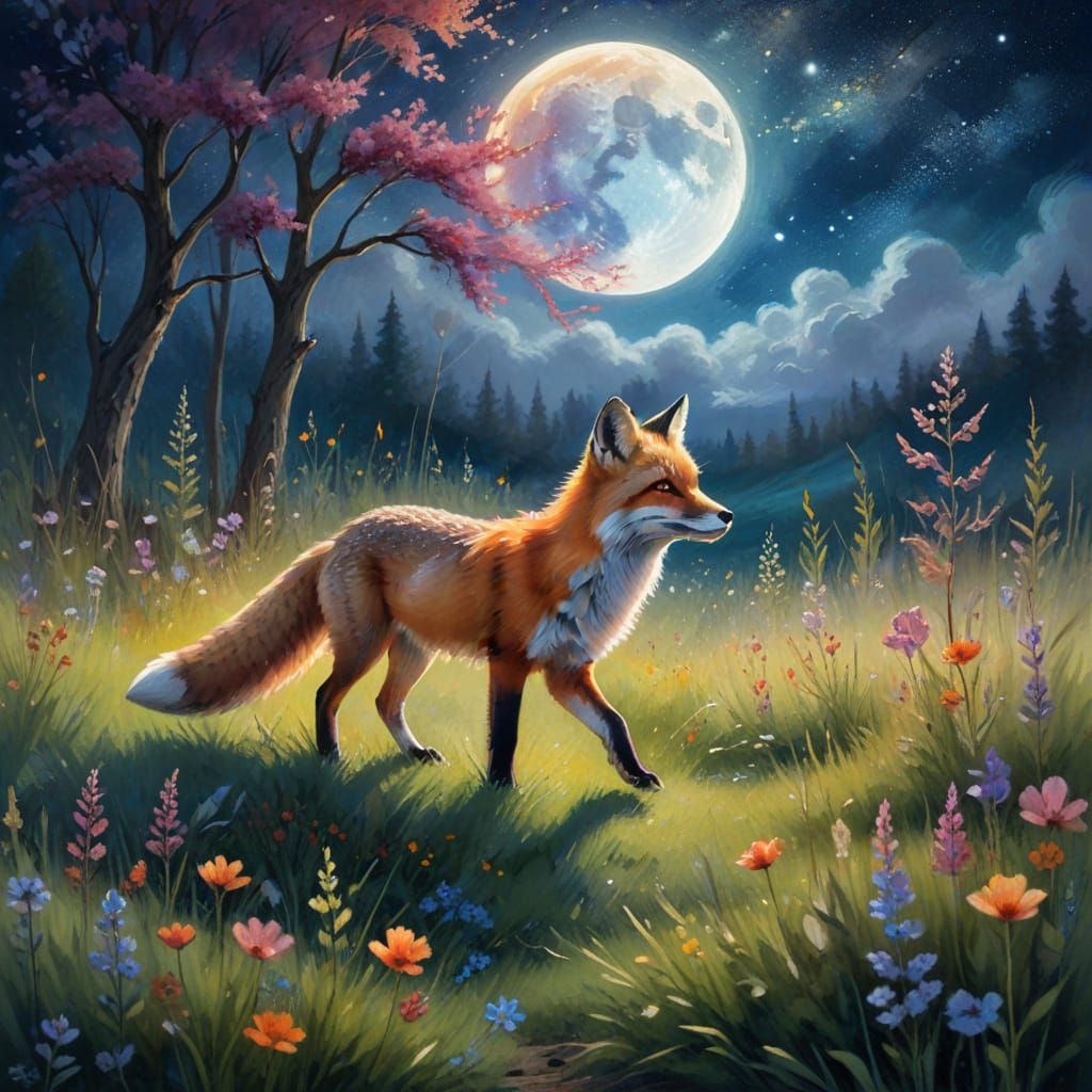 Magical Fox in Moonlit Meadow - Impressionistic Painting