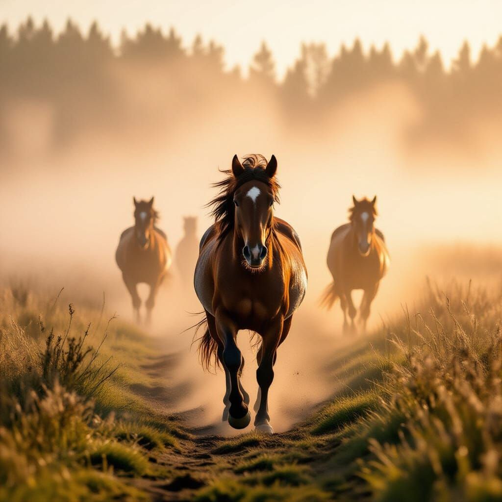 Wild Horses Run Through Misty Waters in Cinematic Style