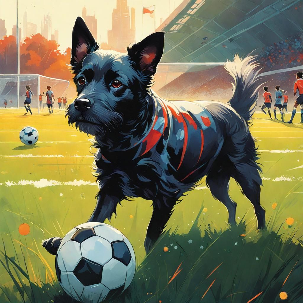 Anthropomorphic Dogs Play Soccer in Watercolor Style