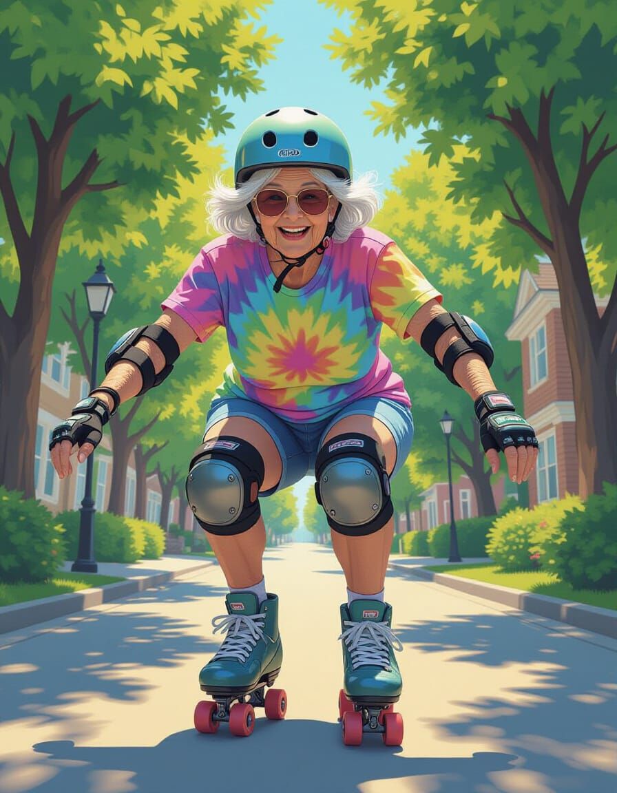 Joyful Granny Roller Skating in Lush Park, Digital Art