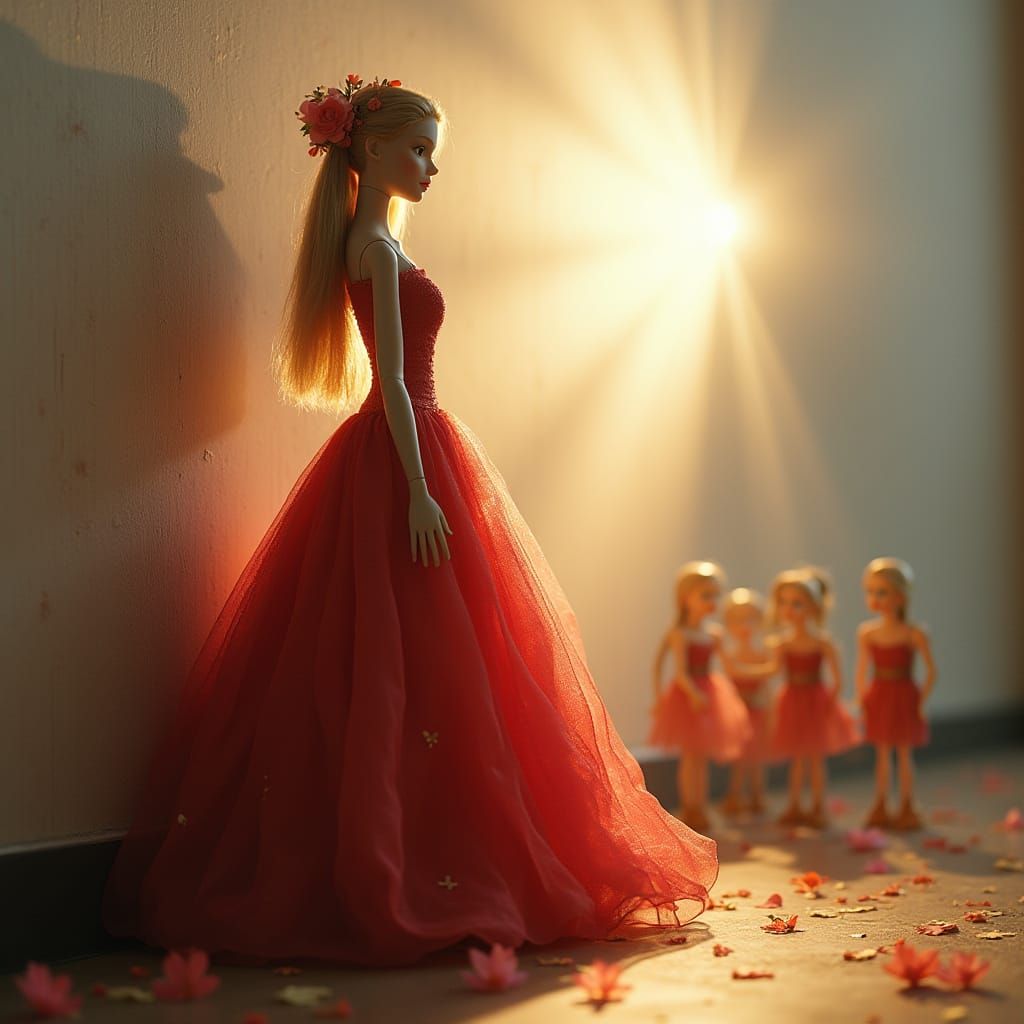 Doll Cutout Gazing at Crimson Gown in Sunlight