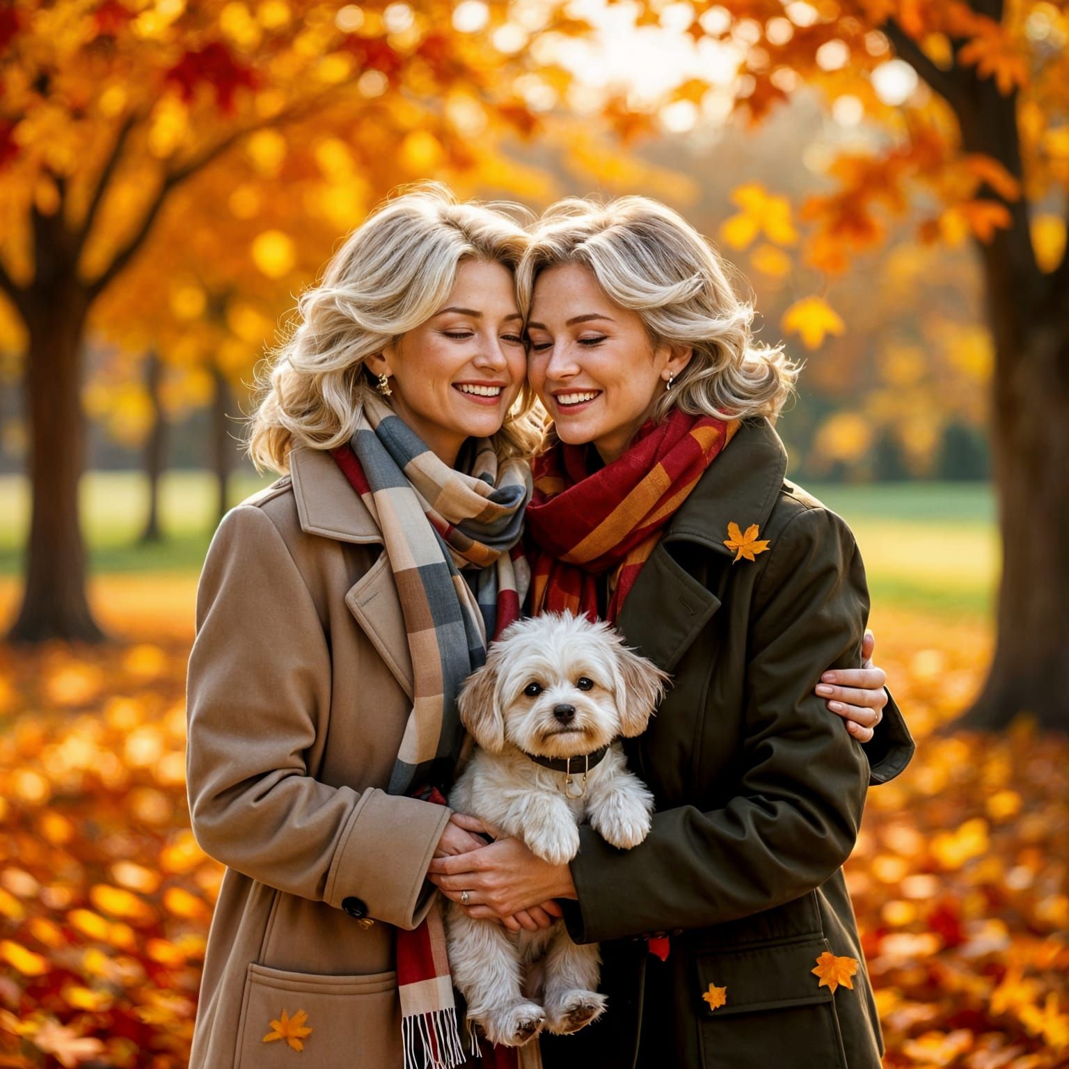 Joyful Autumn Reunion of Elegant Women with Dog