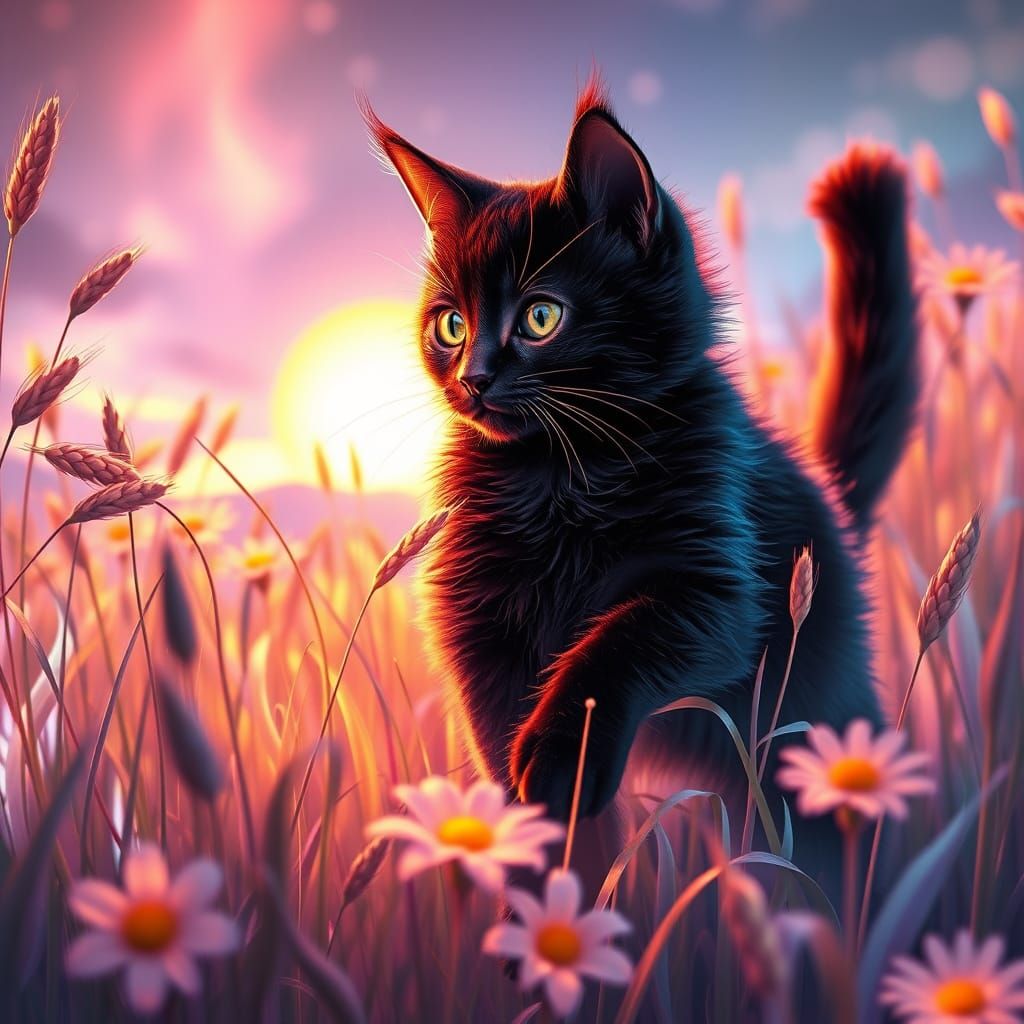 Adorable Black Cat in Mystic Sunrise Light Landscape