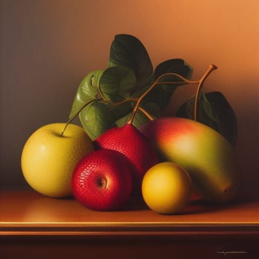 A still life painting of fruit and flowers