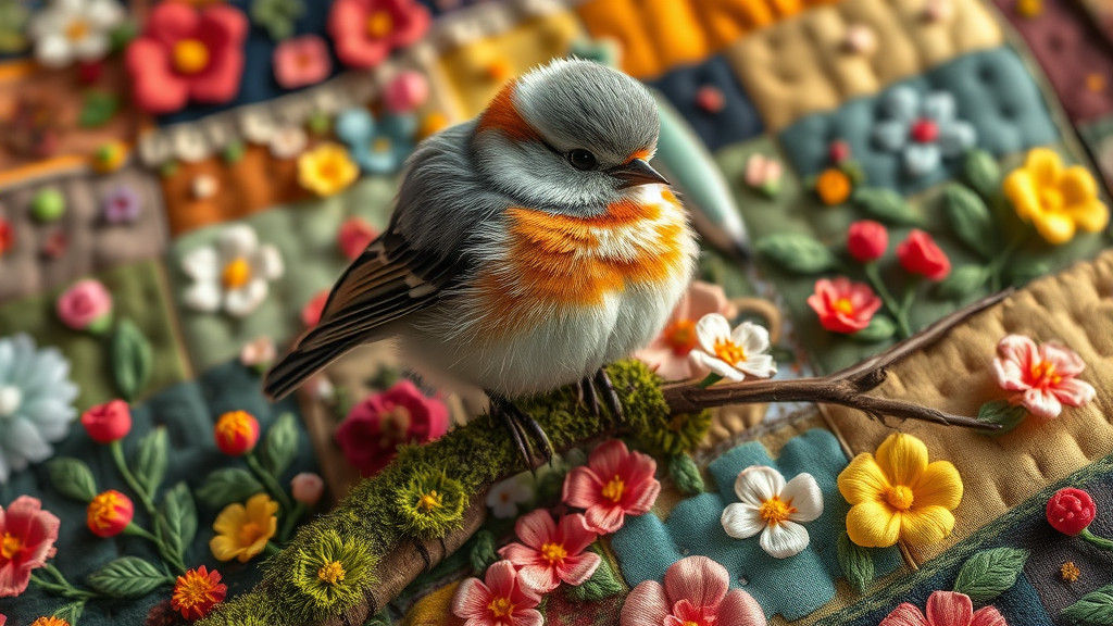 Embroidery Art: Feathered Bird on Mossy Branch