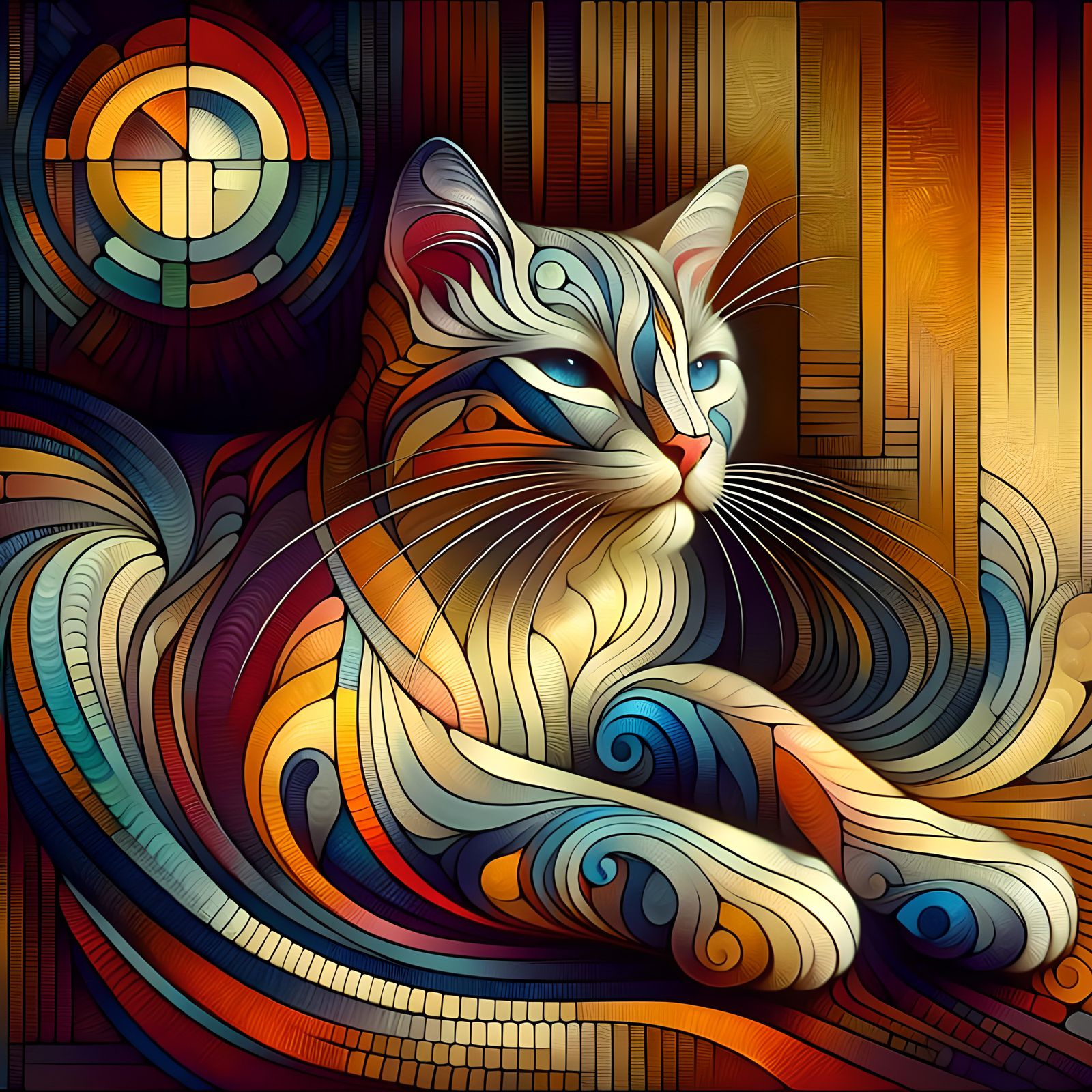 Art Deco Cat Purring: Geometric Feline Contentment