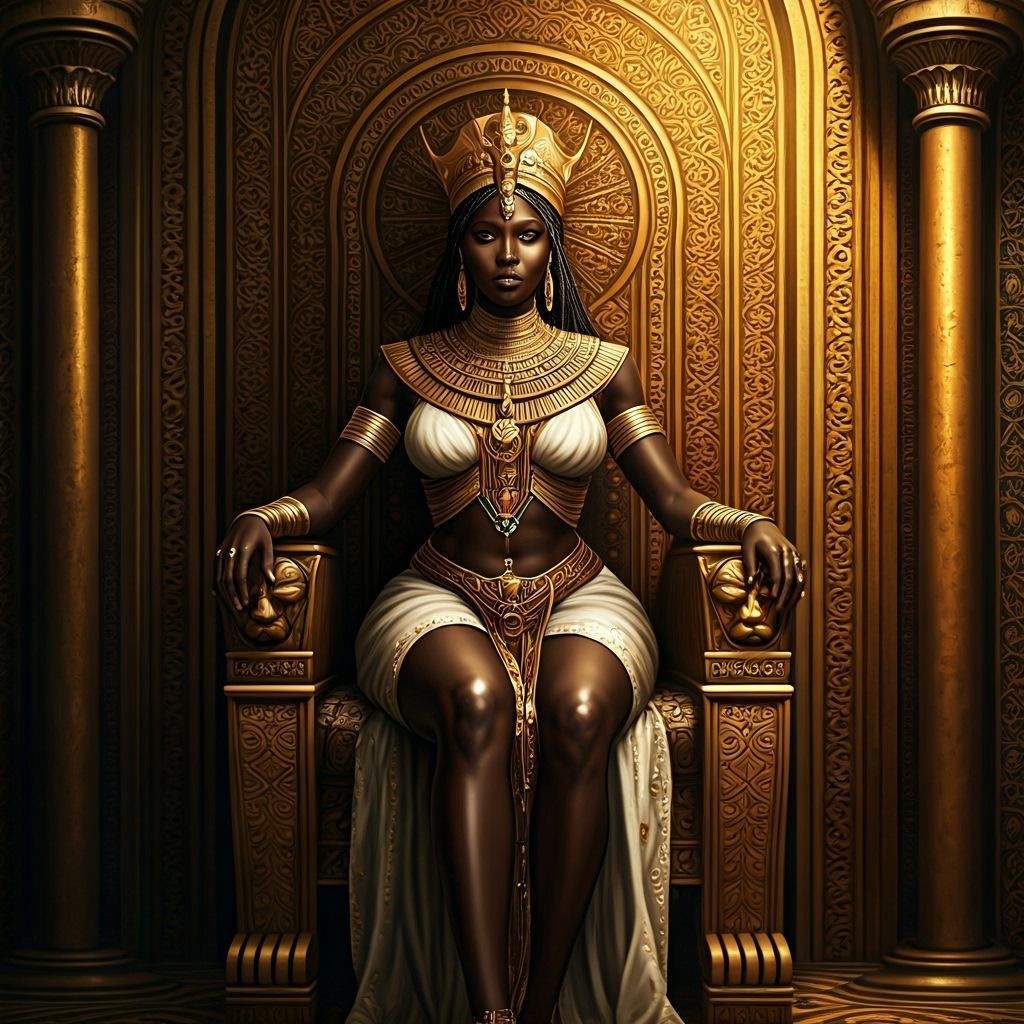 Nubian Queen on Throne in Regal Al-Fresco Palace