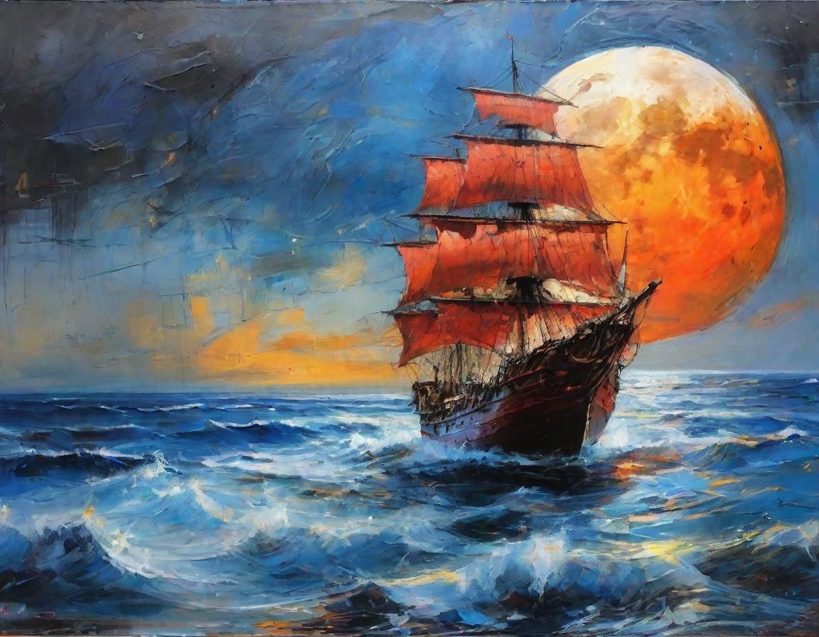 Moonlit Seascape: Red Ship in Digital Painting Style