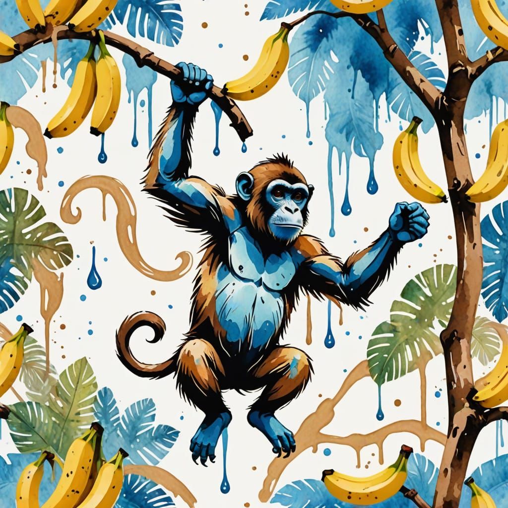 Vibrant Watercolor Background with Dancing Monkey