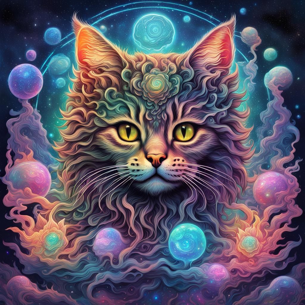 Cosmic Kitten Hydra: Holographic Astral Illustration