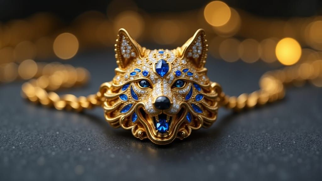 Ultra-Realistic Gold Wolf Necklace with Diamonds and Sapphir...