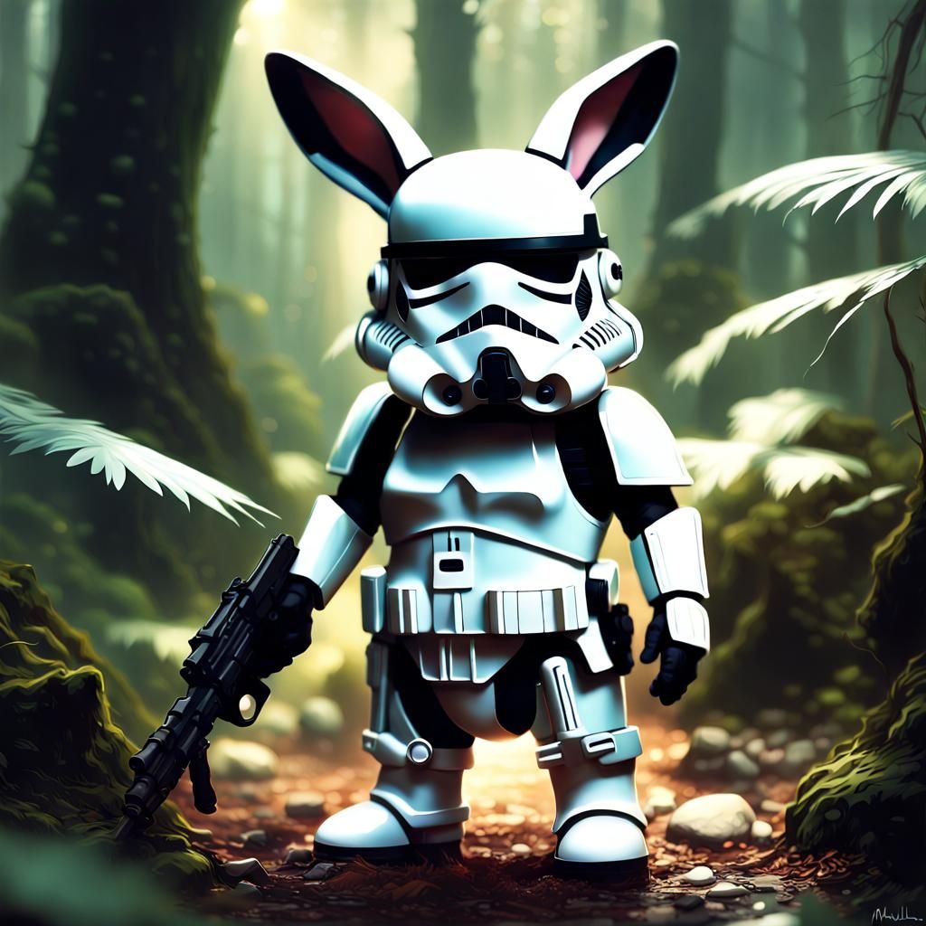 Chibi Bunny Stormtrooper in Jungle, Detailed 3D Render