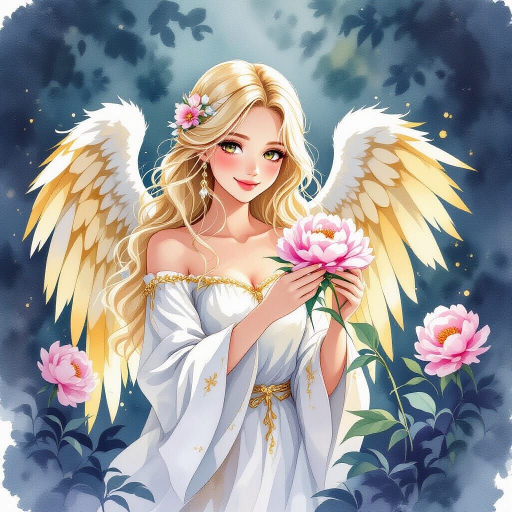 Blonde Angel Picking Peony in Watercolor Style