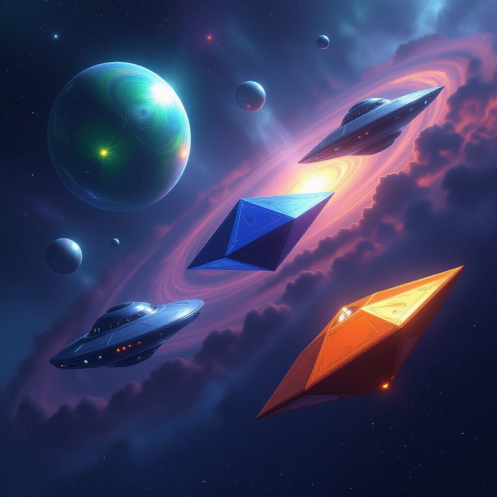 Alien Spacecraft in Silvery Galaxy, Dark Fantasy Concept Art