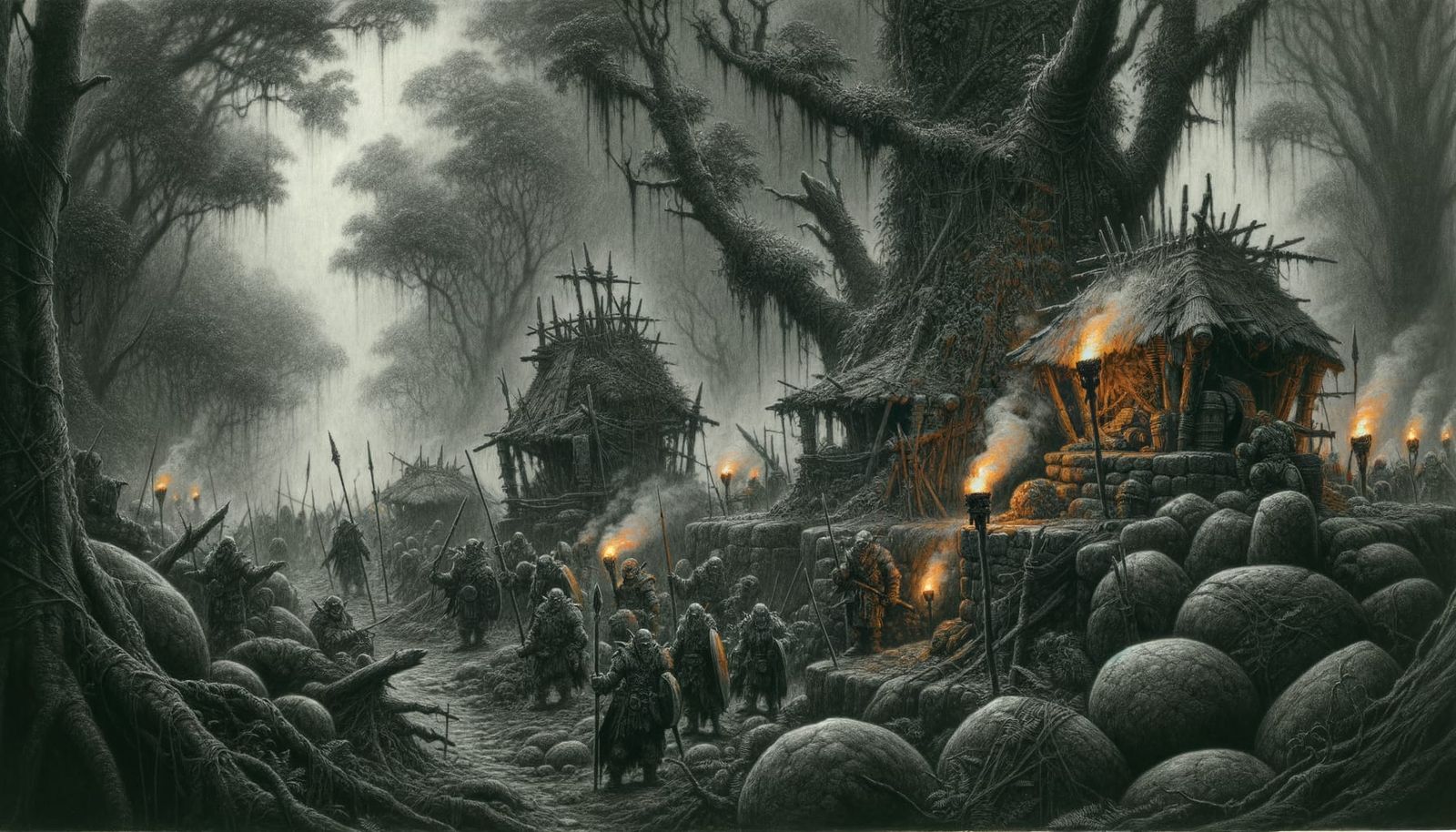 Orc Encampment in Desolate Swamp: Charcoal Drawing