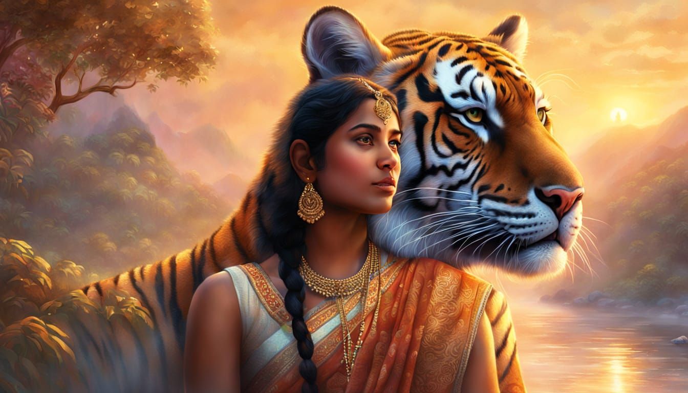 Ethereal Indian Woman with Bengal Tiger