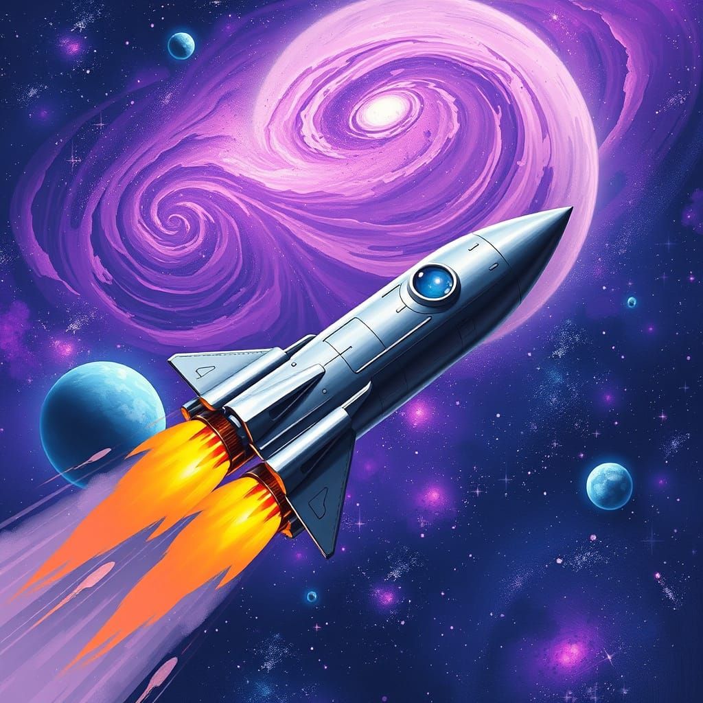 Rocket Blasts Off in Sci-Fi Starry Sky