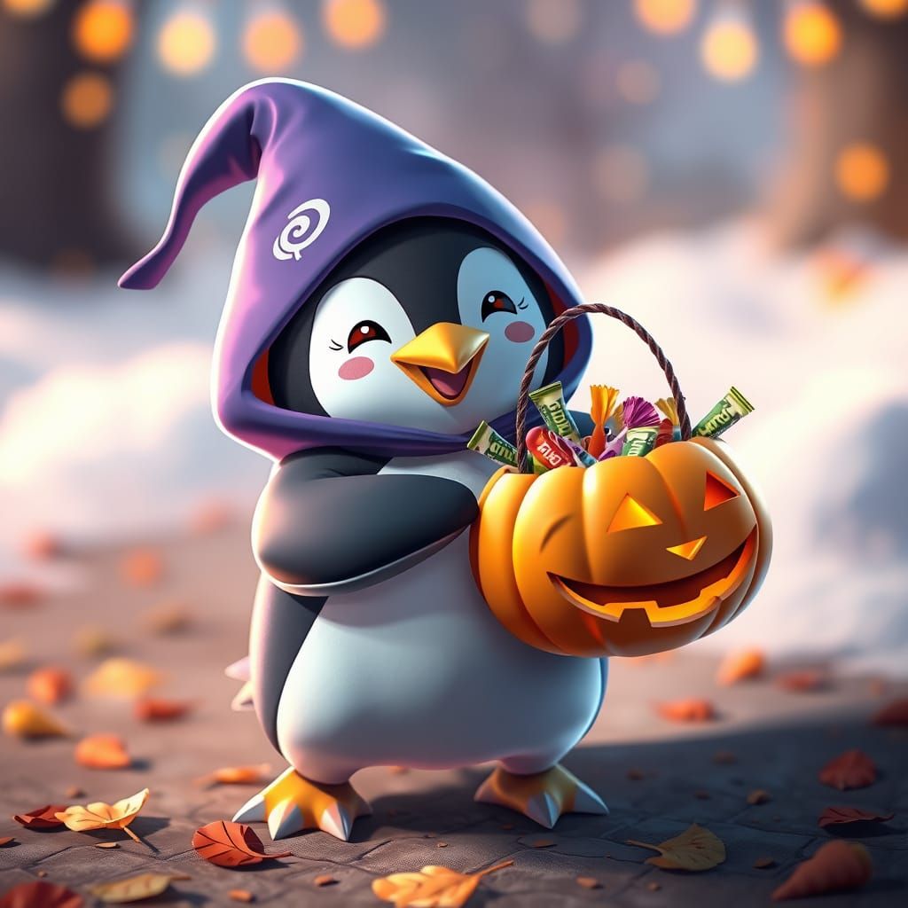 Happy Penguin in Pokemon Halloween Costume with Pumpkin Bask...