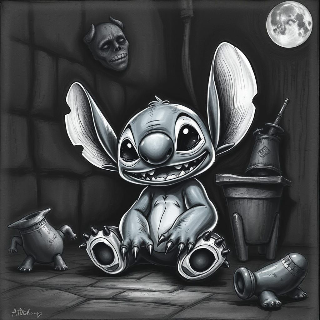 Mischief in Shadows: A Haunting Charcoal Portrait of Stitch
