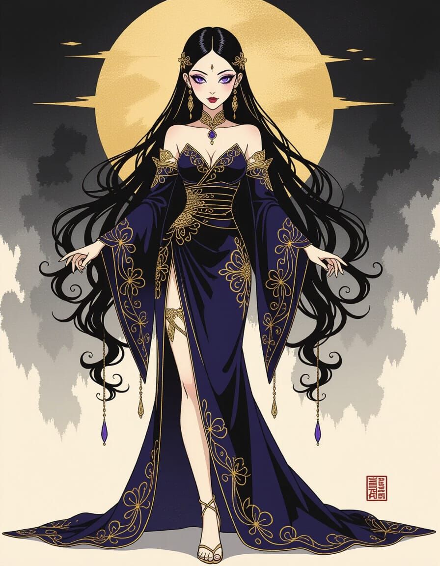 Arcanepunk Lady in Ink-Wash Style