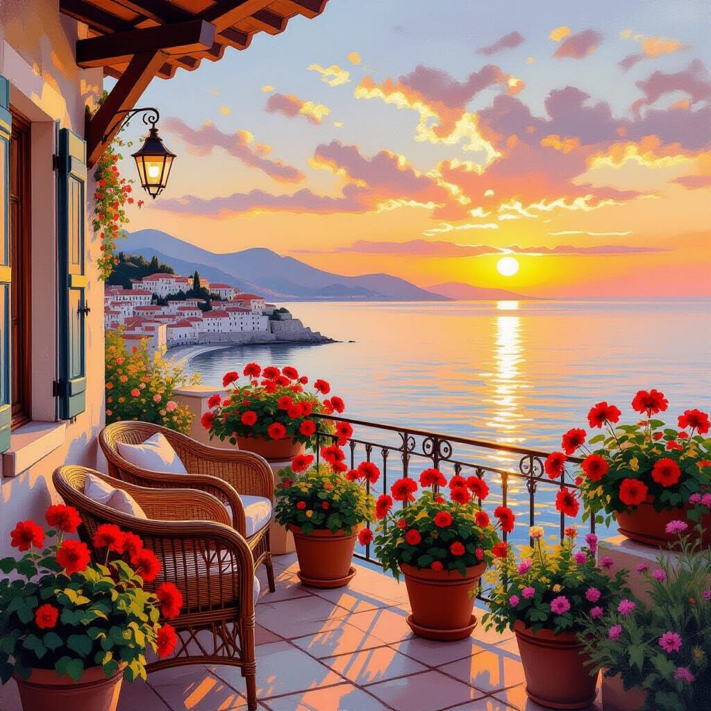 Mediterranean Sunset View from Rustic Balcony with Geraniums