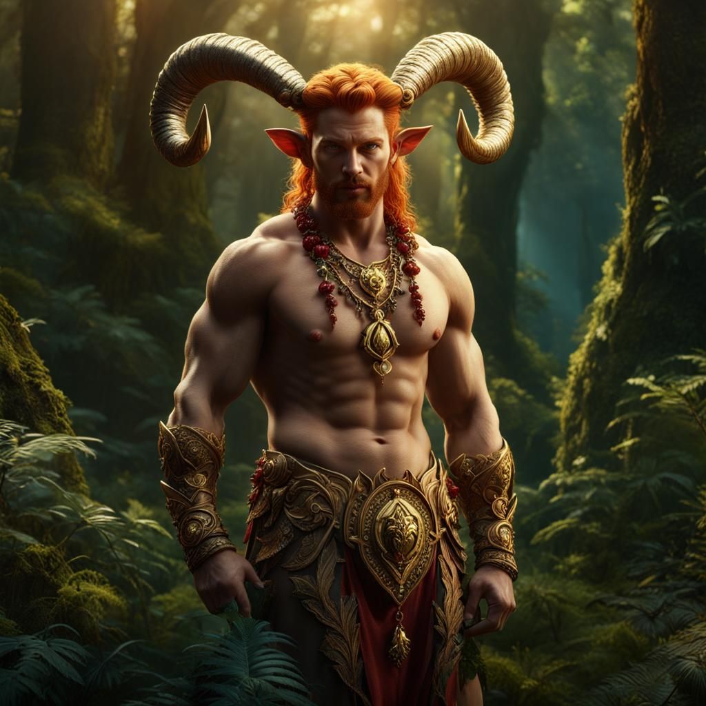 Satyr with Gold Jewelry in Forest, Detailed Matte Painting